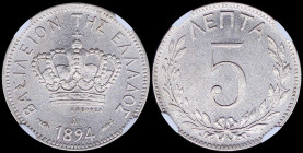 GREECE: 5 Lepta (1894 A) (type III) in copper-nickel with Royal Crown and inscription "ΒΑΣΙΛΕΙΟΝ ΤΗΣ ΕΛΛΑΔΟΣ". Inside slab by NGC "MS 63". Cert number...