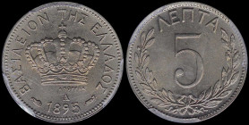 GREECE: 5 Lepta (1895 A) (type III) in copper-nickel with Royal Crown and inscription "ΒΑΣΙΛΕΙΟΝ ΤΗΣ ΕΛΛΑΔΟΣ". Variety: Large "5" in date. Inside slab...