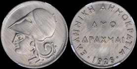 GREECE: 2 Drachmas (1926) in copper-nickel with Goddess Athena facing left. Inside slab by NGC "MS 65". Cert number: 5777816-018. (Hellas 175).