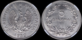GREECE: 5 Drachmas (1930) in nickel with phoenix and inscription "ΕΛΛΗΝΙΚΗ ΔΗΜΟΚΡΑΤΙΑ". London mint. Inside slab by NGC "MS 66 / LONDON". Cert number:...