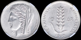 GREECE: 10 Drachmas (1930) in silver (0,500) with head of Goddess Demeter facing left. Inside slab by NGC "AU 58". Cert number: 6142284-005. (Hellas 1...