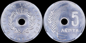 GREECE: 5 Lepta (1954) in aluminum with Royal Crown and inscription "ΒΑΣΙΛΕΙΟΝ ΤΗΣ ΕΛΛΑΔΟΣ". Inside slab by NGC "MS 67". Cert number: 3933389-015. (He...