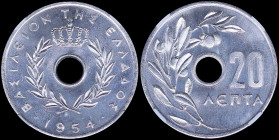 GREECE: 20 Lepta (1954) in aluminum with Royal Crown and inscription "ΒΑΣΙΛΕΙΟΝ ΤΗΣ ΕΛΛΑΔΟΣ". Inside slab by NGC "MS 66". Cert number: 5779909-016. (H...