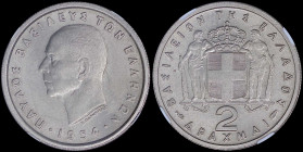 GREECE: 2 Drachmas (1954) in copper-nickel with head of King Paul facing left and inscription "ΠΑΥΛΟΣ ΒΑΣΙΛΕΥΣ ΤΩΝ ΕΛΛΗΝΩΝ". Inside slab by NGC "MS 63...