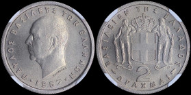 GREECE: 2 Drachmas (1957) in copper-nickel with head of King Paul facing left and inscription "ΠΑΥΛΟΣ ΒΑΣΙΛΕΥΣ ΤΩΝ ΕΛΛΗΝΩΝ". Inside slab by NGC "MS 67...