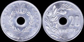 GREECE: 20 Lepta (1959) in aluminum with Royal Crown and inscription "ΒΑΣΙΛΕΙΟΝ ΤΗΣ ΕΛΛΑΔΟΣ". Inside slab by PCGS "MS 65". Cert number: 44309508. (Hel...