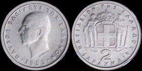 GREECE: 2 Drachmas (1959) in copper-nickel with head of King Paul facing left and inscription "ΠΑΥΛΟΣ ΒΑΣΙΛΕΥΣ ΤΩΝ ΕΛΛΗΝΩΝ". Inside slab by NGC "MS 65...