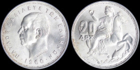 GREECE: 20 Drachmas (1960) in silver (0,835) with head of King Paul facing left and inscription "ΠΑΥΛΟΣ ΒΑΣΙΛΕΥΣ ΤΩΝ ΕΛΛΗΝΩΝ". Goddess Moon on horseba...