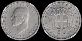 GREECE: 50 Lepta (1962) in copper-nickel with head of King Paul facing left and inscription "ΠΑΥΛΟΣ ΒΑΣΙΛΕΥΣ ΤΩΝ ΕΛΛΗΝΩΝ". Inside slab by NGC "MS 66 /...