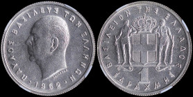 GREECE: 1 Drachma (1962) in copper-nickel with head of King Paul facing left and inscription "ΠΑΥΛΟΣ ΒΑΣΙΛΕΥΣ ΤΩΝ ΕΛΛΗΝΩΝ". Inside slab by NGC "MS 65"...