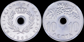 GREECE: 10 Lepta (1965) in aluminum with Royal Crown and inscription "ΒΑΣΙΛΕΙΟΝ ΤΗΣ ΕΛΛΑΔΟΣ". Inside slab by NGC "MS 67". Cert number: 5775461-005. (P...