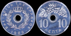 GREECE: 10 Lepta (1965) in aluminum with Royal Crown and inscription "ΒΑΣΙΛΕΙΟΝ ΤΗΣ ΕΛΛΑΔΟΣ". Inside slab by NGC "PF 67". Cert number: 2098855-005....