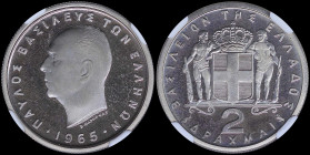 GREECE: 2 Drachmas (1965) in copper-nickel with head of King Paul facing left and inscription "ΠΑΥΛΟΣ ΒΑΣΙΛΕΥΣ ΤΩΝ ΕΛΛΗΝΩΝ". Inside slab by NGC "PF 67...