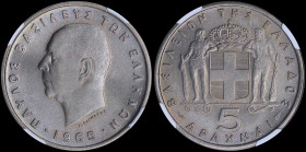 GREECE: 5 Drachmas (1965) in copper-nickel with head of King Paul facing left and inscription "ΠΑΥΛΟΣ ΒΑΣΙΛΕΥΣ ΤΩΝ ΕΛΛΗΝΩΝ". Inside slab by NGC "MS 66...