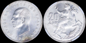 GREECE: 20 Drachmas (1965) in silver (0,835) with head of King Paul facing left and inscription "ΠΑΥΛΟΣ ΒΑΣΙΛΕΥΣ ΤΩΝ ΕΛΛΗΝΩΝ". Personification of Godd...