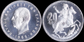 GREECE: 20 Drachmas (1965) in silver (0,835) with head of King Paul facing left and inscription "ΠΑΥΛΟΣ ΒΑΣΙΛΕΥΣ ΤΩΝ ΕΛΛΗΝΩΝ". Personification of Godd...