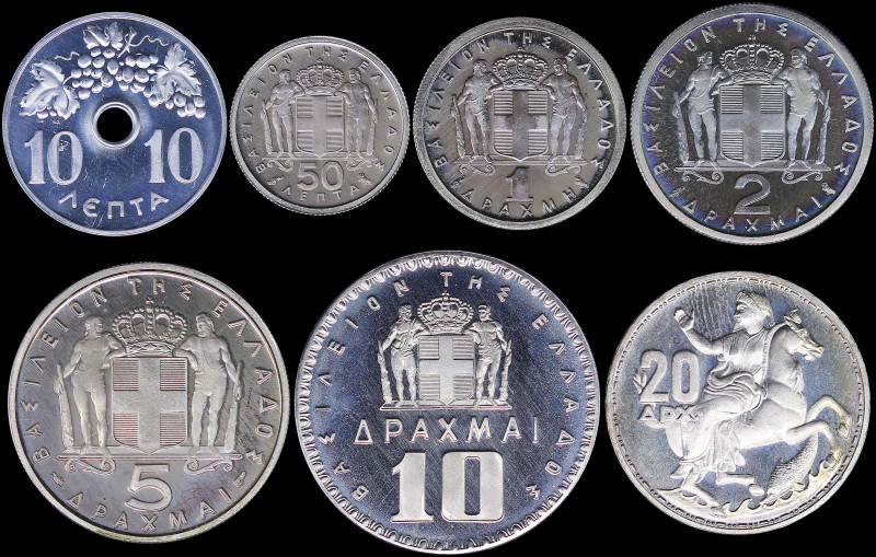 GREECE: Proof set (1965) composed of 10 Lepta, 50 Lepta, 1 Drachma, 2 Drachmas, ...