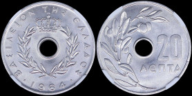 GREECE: 20 Lepta (1964) in aluminum with Royal Crown and inscription "ΒΑΣΙΛΕΙΟΝ ΤΗΣ ΕΛΛΑΔΟΣ". Inside slab by NGC "MS 66". Cert number: 3937819-049. (H...