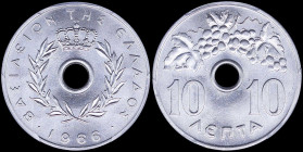 GREECE: 10 Lepta (1966) in aluminum with Royal Crown and inscription "ΒΑΣΙΛΕΙΟΝ ΤΗΣ ΕΛΛΑΔΟΣ". Inside slab by PCGS "MS 66". Cert number: 44309691. (Hel...