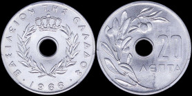 GREECE: 20 Lepta (1966) (type I) in aluminum with Royal Crown and inscription "ΒΑΣΙΛΕΙΟΝ ΤΗΣ ΕΛΛΑΔΟΣ". Inside slab by PCGS "MS 66". Cert number: 44309...
