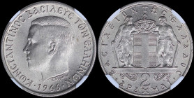 GREECE: 2 Drachmas (1966) (type I) in copper-nickel with head of King Constantine II facing left and inscription "ΚΩΝCΤΑΝΤΙΝΟC ΒΑCΙΛΕΥC ΤΩΝ ΕΛΛΗΝΩΝ". ...