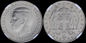 GREECE: 2 Drachmas (1967) (type I) in copper-nickel with head of King Constantine II facing left and inscription "ΚΩΝCΤΑΝΤΙΝΟC ΒΑΣΙΛΕΥC ΤΩΝ ΕΛΛΗΝΩΝ". ...