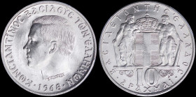 GREECE: 10 Drachmas (1968) (type I) in copper-nickel with head of King Constantine II facing left and inscription "ΚΩΝCΤΑΝΤΙΝΟC ΒΑCΙΛΕΥC ΤΩΝ ΕΛΛΗΝΩΝ"....