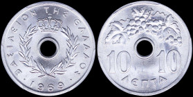 GREECE: 10 Lepta (1969) (type I) in aluminum with Royal Crown and inscription "ΒΑΣΙΛΕΙΟΝ ΤΗΣ ΕΛΛΑΔΟΣ". Inside slab by PCGS "MS 66". Cert number: 44309...