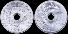 GREECE: 20 Lepta (1969) (type I) in aluminum with Royal Crown and inscription "ΒΑΣΙΛΕΙΟΝ ΤΗΣ ΕΛΛΑΔΟΣ". Inside slab by PCGS "MS 65". Cert number: 44309...