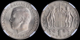 GREECE: 1 Drachma (1970) (type I) in copper-nickel with head of King Constantine II facing left and inscription "ΚΩΝCΤΑΝΤΙΝΟC ΒΑCΙΛΕΥC ΤΩΝ ΕΛΛΗΝΩΝ". I...