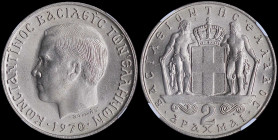 GREECE: 2 Drachmas (1970) (type I) in copper-nickel with head of King Constantine II facing left and inscription "ΚΩΝCΤΑΝΤΙΝΟC ΒΑΣΙΛΕΥC ΤΩΝ ΕΛΛΗΝΩΝ". ...