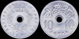 GREECE: 10 Lepta (1971) (type I) in aluminum with Royal Crown and inscription "ΒΑΣΙΛΕΙΟΝ ΤΗΣ ΕΛΛΑΔΟΣ". Inside slab by PCGS "MS 66". Cert number: 44309...