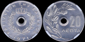GREECE: 20 Lepta (1971) (type I) in aluminum with Royal Crown and inscription "ΒΑΣΙΛΕΙΟΝ ΤΗΣ ΕΛΛΑΔΟΣ". Inside slab by NGC "MS 67". Cert number: 577975...