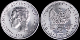 GREECE: 2 Drachmas (1971) (type II) in copper-nickel with head of King Constantine II facing left and inscription "ΚΩΝCΤΑΝΤΙΝΟC ΒΑCΙΛΕΥC ΤΩΝ ΕΛΛΗΝΩΝ"....