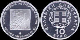 GREECE: 10 Euro (2003) in silver (0,925) commemorating the Hellenic Presidency of E.U.. Inside slab by NGC "PF 69 ULTRA CAMEO / EUROPEAN UNION". Cert ...