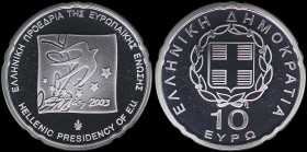 GREECE: 10 Euro (2003) in silver (0,925) commemorating the Hellenic Presidency of E.U.. Inside its official case with CoA with No "024039". (Hellas CE...