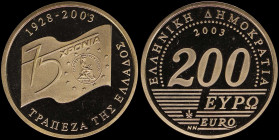 GREECE: 200 Euro (2003) in gold (0,900) commemorating the 75th Anniversary of the Bank of Greece with flag bearing the logo of the Bank of Greece and ...
