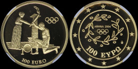 GREECE: 100 Euro (2004) in gold (0,999) with woman handling the torch to kneeling runner to start the torch relay. Inside slab by NGC "PF 70 ULTRA CAM...
