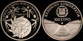 GREECE: 100 Euro (2011) in gold (0,917) commemorating the XIII Special Olympics / World Summer Games Athens 2011 / Panathenean Stadium. Inside ofiicia...