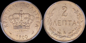 GREECE: 2 Lepta (1900 A) in bronze with Royal Crown and inscription "ΚΡΗΤΙΚΗ ΠΟΛΙΤΕΙΑ". Inside slab by PCGS "MS 65 RD". Cert number: 43217102. (Hellas...