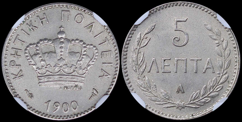 GREECE: 5 Lepta (1900 A) in copper-nickel with Royal Crown and inscription "ΚΡΗΤ...