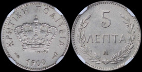 GREECE: 5 Lepta (1900 A) in copper-nickel with Royal Crown and inscription "ΚΡΗΤΙΚΗ ΠΟΛΙΤΕΙΑ". Inside slab by NGC "MS 62". Cert number: 5784770-001. (...