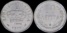 GREECE: 10 Lepta (1900 A) in copper-nickel with Royal Crown and inscription "ΚΡΗΤΙΚΗ ΠΟΛΙΤΕΙΑ". Inside slab by NGC "MS 63". Cert number: 5785846-004. ...
