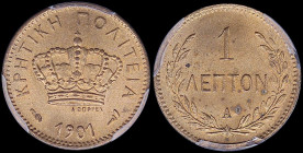 GREECE: 1 Lepton (1901 A) in bronze with Royal Crown and inscription "ΚΡΗΤΙΚΗ ΠΟΛΙΤΕΙΑ". Inside slab by PCGS "MS 64+ RD". Cert number: 42571032. (Hell...