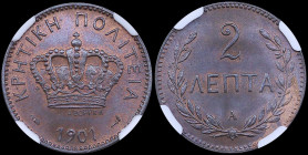 GREECE: 2 Lepta (1901 A) in bronze with Royal Crown and inscription "ΚΡΗΤΙΚΗ ΠΟΛΙΤΕΙΑ". Inside slab by NGC "MS 66 BN". Top pop in BN designation in bo...