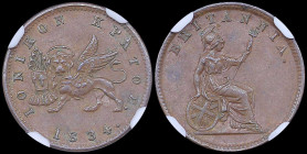 GREECE: 1 new Obol (1834.) in copper with the Venetian lion of St Marcus and inscription "ΙΟΝΙΚΟΝ ΚΡΑΤΟΣ". Dot after date. Coin alignment. Inside slab...