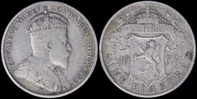 CYPRUS: 9 Piastres (1907) in silver (0,925) with crowned bust of King Edward VII facing right. Crowned arms divide date, denomination below on reverse...