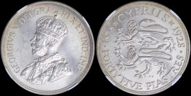 CYPRUS: 45 Piastres (1928) in silver (0,925) commemorating the 50th anniversary of British rule on the island with crowned bust of King George V. Two ...