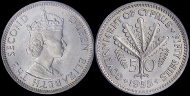 CYPRUS: 50 Mils (1955) in copper-nickel with crowned bust of Queen Elizabeth II facing right. Fern leaves divide denomination on reverse. Inside slab ...