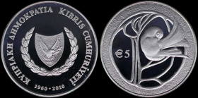 CYPRUS: 5 Euro (2010) in silver (0,925) commemorating the 50th Anniversary of the Republic of Cyprus with national arms. Bird in stylized tree on reve...